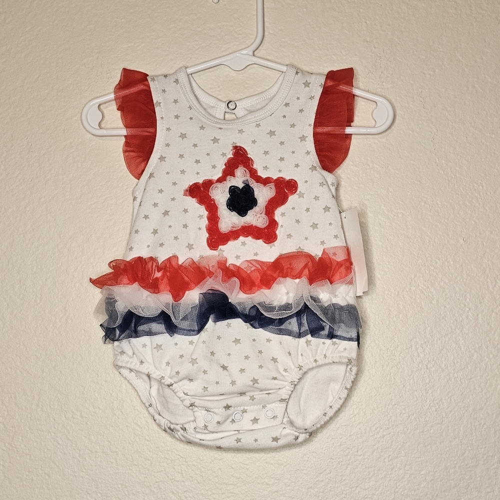 Kyle&Deena New York Infants Short Sleeve White Red Blue Star Ruffled Romper 0-3M